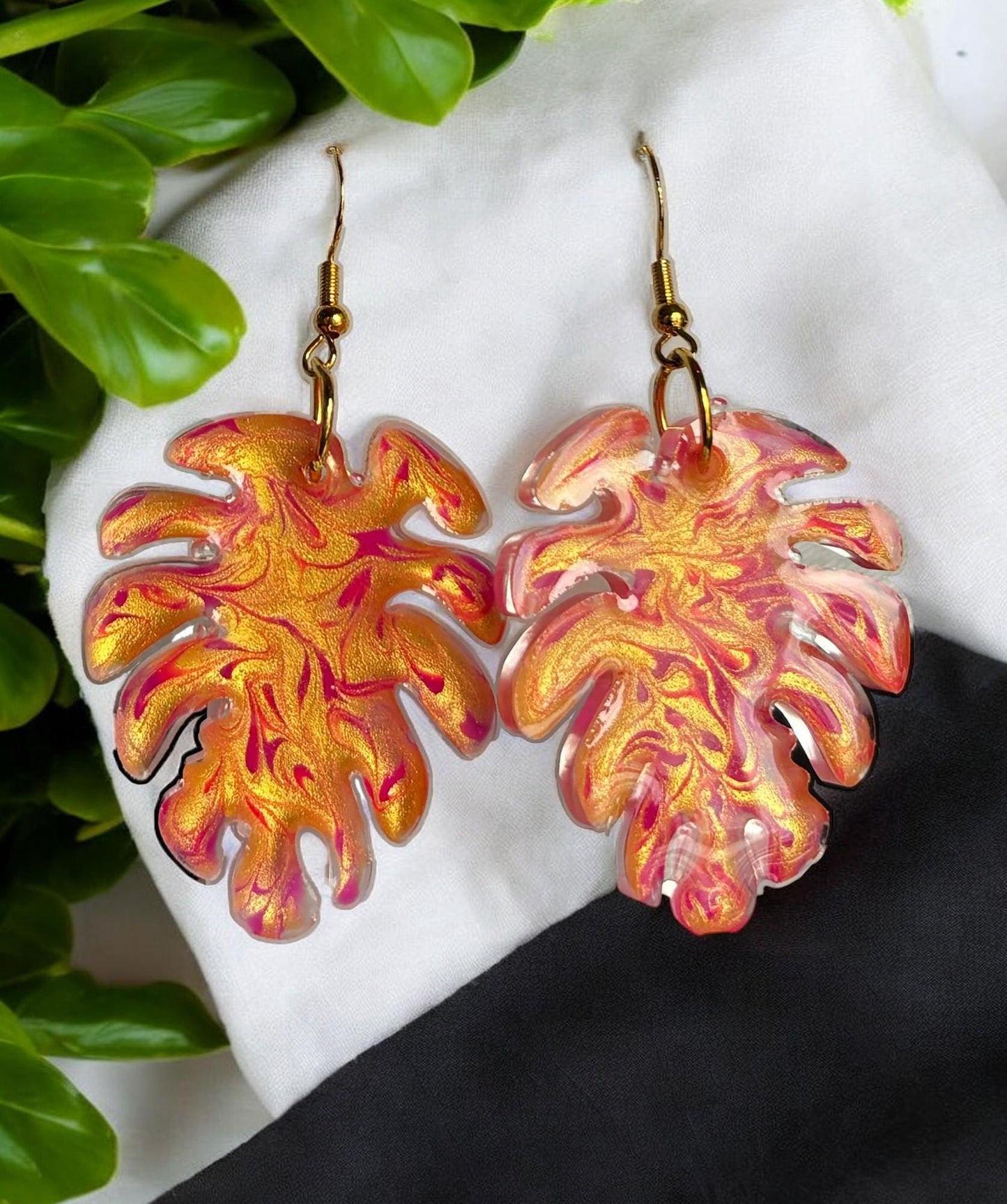 Hand Painted Leaf Earrings | Unique Handmade Resin Jewelry | Colorful Vibrant Danglers | Statement Earring | Gift for Her | Unique Gift Idea