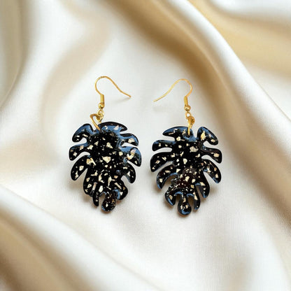 Monstera Leaf Gold Speckle Resin Earrings