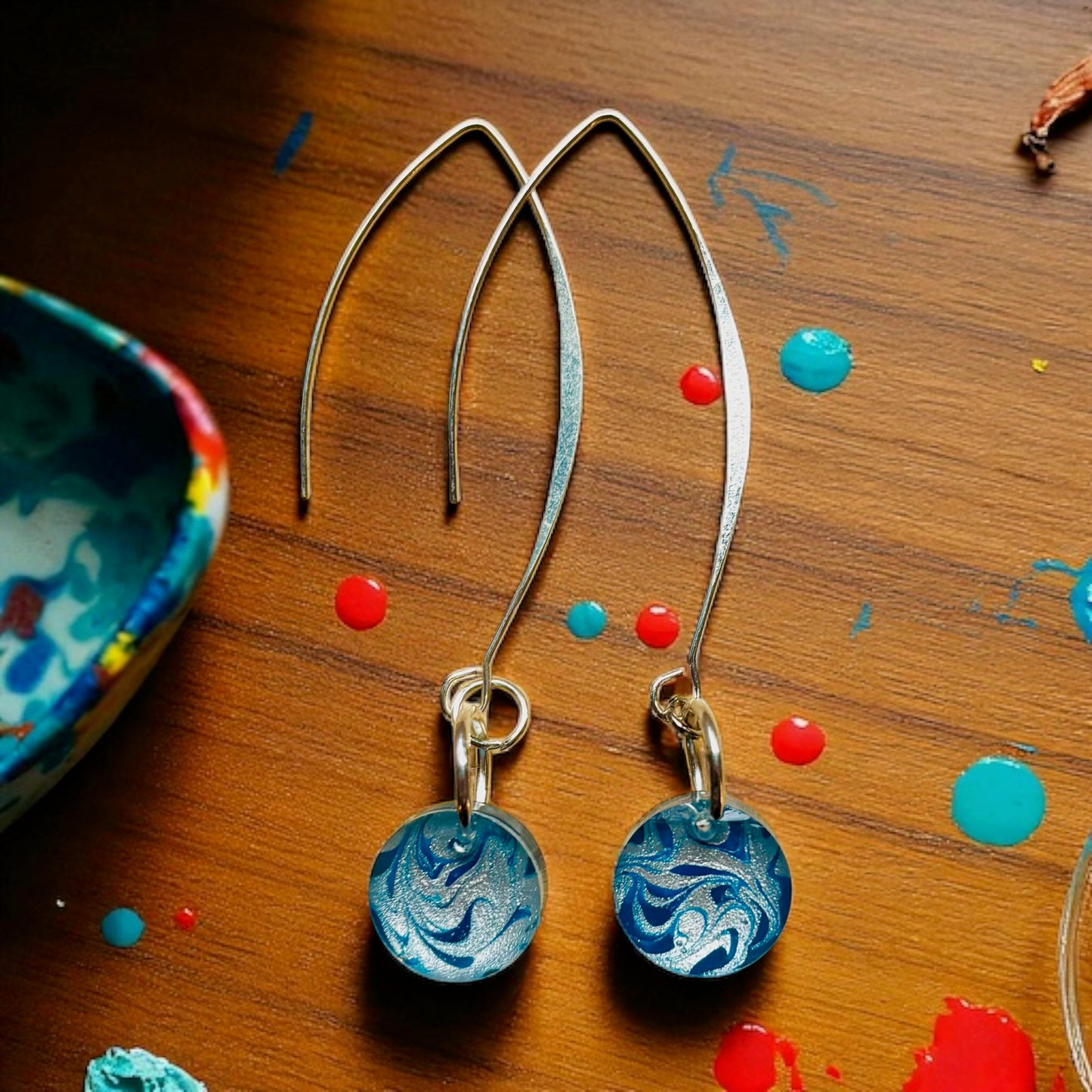 Hand-painted Art Earrings, Unique Handmade Resin Earrings, Colorful Vibrant Danglers, Birthday, Holiday gift