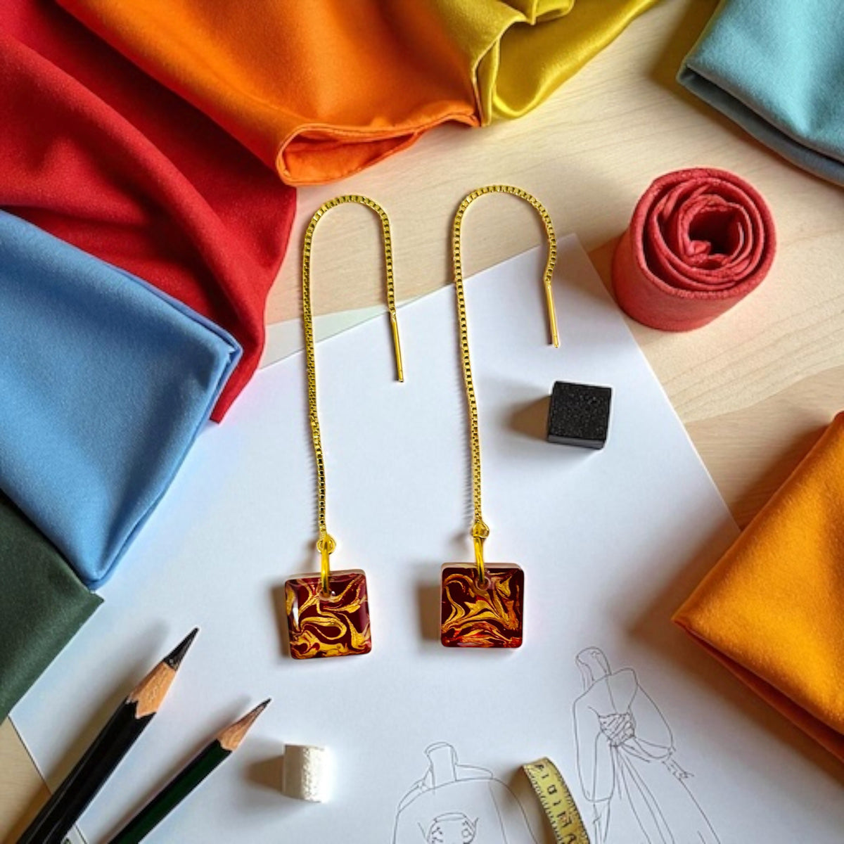 Thread Square Swirl Resin Earrings
