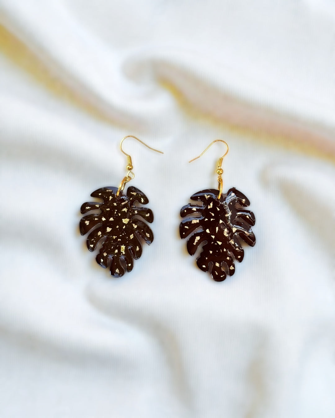 Monstera Leaf Gold Speckle Resin Earrings